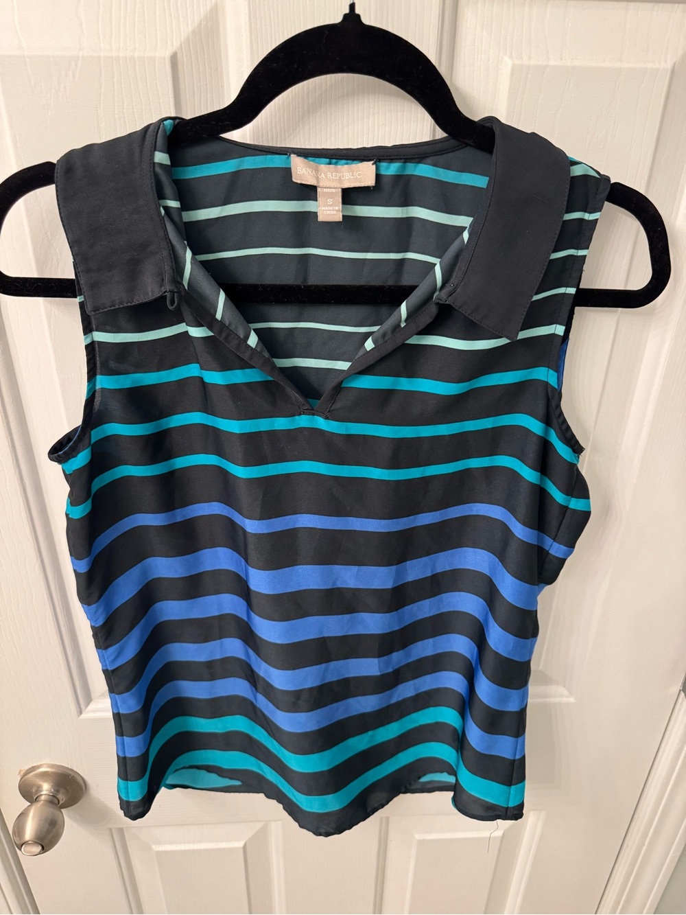 Banana Republic Striped Sleeveless Collared Camisole in Black, Teal and Blue